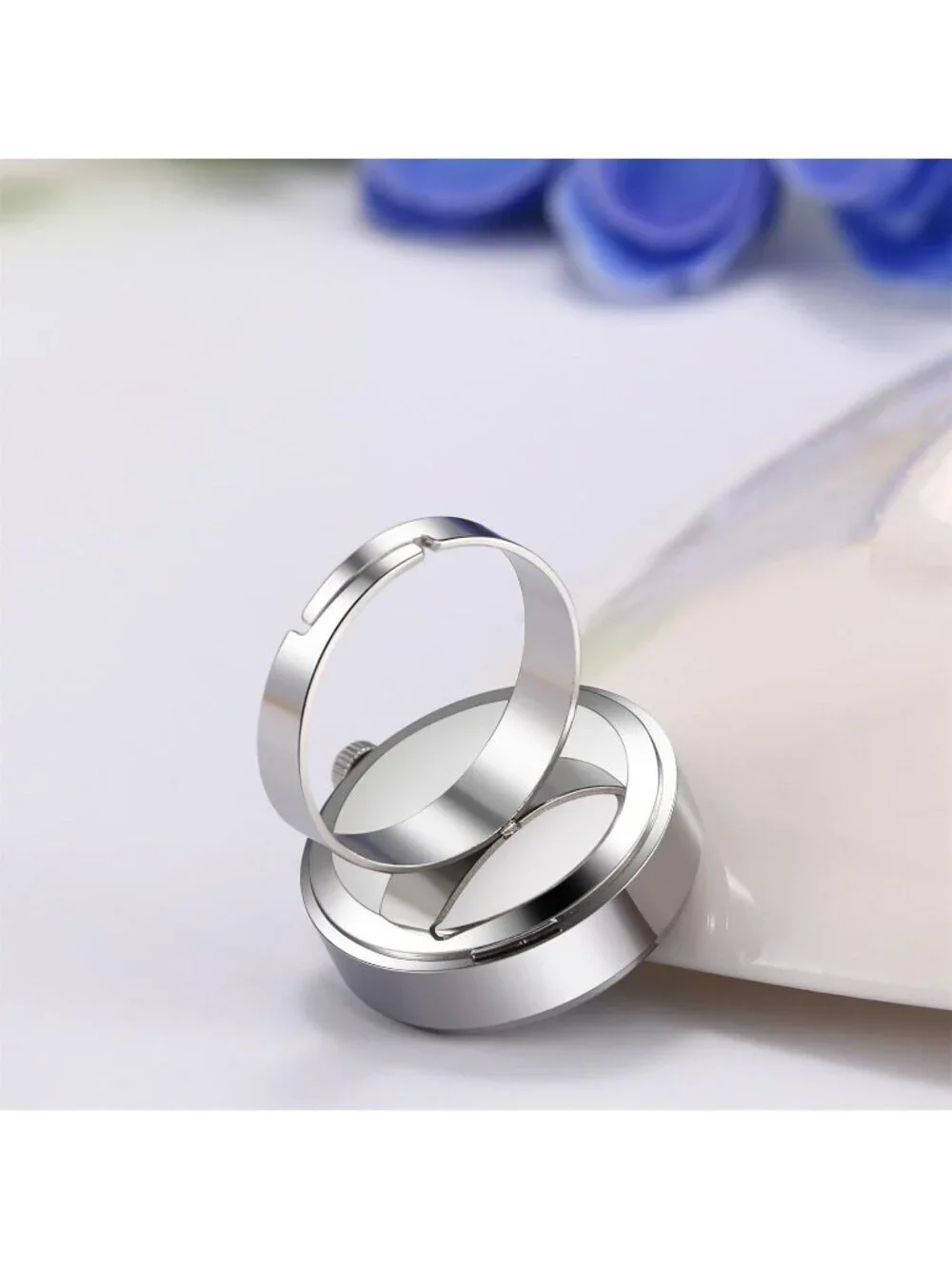Unisex Silver Quartz Dial Roman Numeral Adjustable Open Band Finger Ring Watch